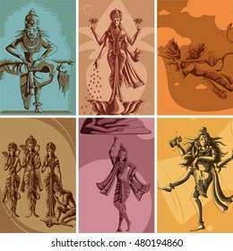 Indian God and Goddess Religious Vintage Poster. Vector illustration