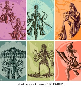 Indian God and Goddess Religious Vintage Poster. Vector illustration