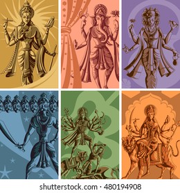 Indian God and Goddess Religious Vintage Poster. Vector illustration