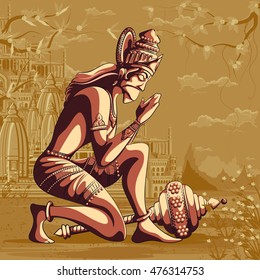 Indian God Hanuman praying for Lord Rama. Vector illustration