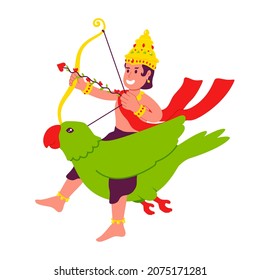 Indian god Kamadeva in golden robes with bow on green parrot. Indian cupid kamadeva cartoon style vector illustration for valentine's day card or poster