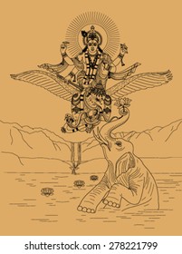 Indian god Krishna flying on Garuda bird on a beige background