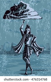 Indian God Krishna lifting mountain. Vector illustration