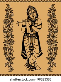 Indian god Krishna on a beige background with floral ornament