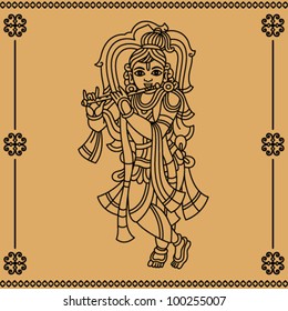 The Indian god Krishna playing the flute on a beige background