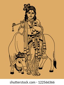 Indian god Krishna and a sacred cow on a beige background