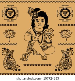  Indian god Krishna, and small decorative items on a beige background
