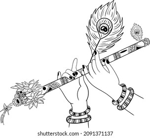 Indian God Lord Krishna Hands Playing Flute, The Indian Traditional Music Instrument Peacock Feather Vector Illustration Black And White Line Drawing. Indian Wedding Clip Art.