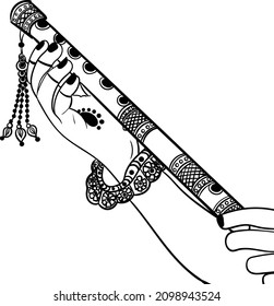 Indian God Lord Krishna Hands Playing Flute, The Indian Traditional Music Instrument Peacock Feather Vector Illustration Black And White Line Drawing. Indian Wedding Clip Art.