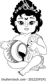 Indian god Lord Krishna Janmasthmi clip art line drawing of little kid of God Krishna vector black and white line drawing illustration, Indian wedding clip art.