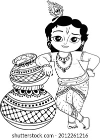 Indian god Lord Krishna Janmasthmi clip art line drawing of little kid of God Krishna vector black and white line drawing illustration, Indian wedding clip art.