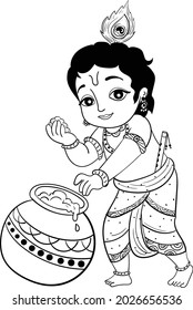 Indian god Lord Krishna Janmasthmi clip art line drawing little kid God Krishna vector black   white line drawing illustration  Indian wedding clip art 