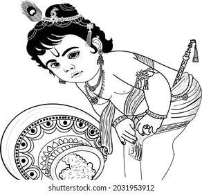 Indian god Lord Krishna Janmasthmi clip art line drawing of little kid of God Krishna vector black and white line drawing illustration, Indian wedding clip art.
