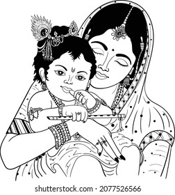 Indian god Lord Krishna playing with their mother Yasodha to get the butter, black and white clip art. Indian god little Krishna black and white wedding clip art symbol. Krishna Janmashthmi clip art.