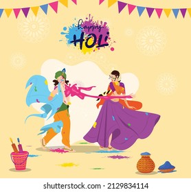 Indian God Lord Krishna Playing Colors with Traditional Girl. Concept of Radha and Krishna Playing colors on occasion of colours festival, Holi.
