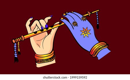 INDIAN GOD LORD KRISHNA AND RADHA RANI HANDS PLAYING INDIAN MUSICAL INSTRUMENT FLUTE VECTOR ILLUSTRATION COLOR WITH CREATIVE BLUE AND WHITE HANDS ILLUSTRAITON