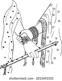 Indian god lord Krishna and Radha hands picking up music instrument flute black and white line drawing. Indian wedding clip art of Radha Krishna hands playing flute line drawing illustration.