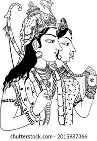 Indian god lord Ram and Sita black and white clip art illustration line drawing. Indian wedding symbol of god Lord Rama-Sita or SitaRam black and white symbol. Indian god clip art.