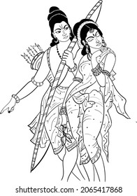 Indian god lord Ram and Sita black and white clip art illustration line drawing. Indian wedding symbol of god Lord Rama-Sita or SitaRam black and white symbol. Indian god clip art