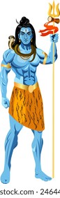 Indian god Lord Shiva with blue skin stands full-length in the skin of a tiger holding a trident staff in his hand Vector