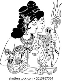 Indian god lord Shiva Parvati with their son Lord Ganesha, beautiful black and white clip art illustration. Indian wedding clip arts of god lord Shiva - Parwati with Ganesha. Line art of Indian god.