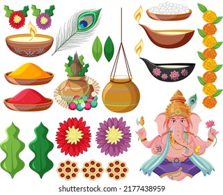 Indian god and offering elements illustration