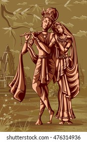 Indian God Radhe Krishna playing Bansur (flute). Vector illustration