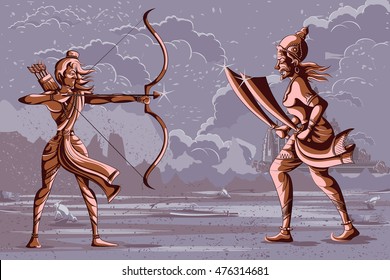 Indian God Rama killing Ravana. Vector illustration