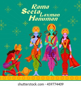 Indian God Rama Laxman and Sita with Hanuman. Vector illustration