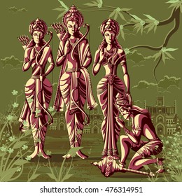 Indian God Rama Laxman and Sita with Hanuman. Vector illustration