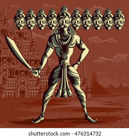 Indian God Ravana with sword. Vector illustration