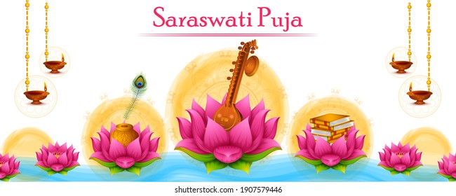 Indian God Saraswati Maa on Vasant Panchami religious festival background in vector