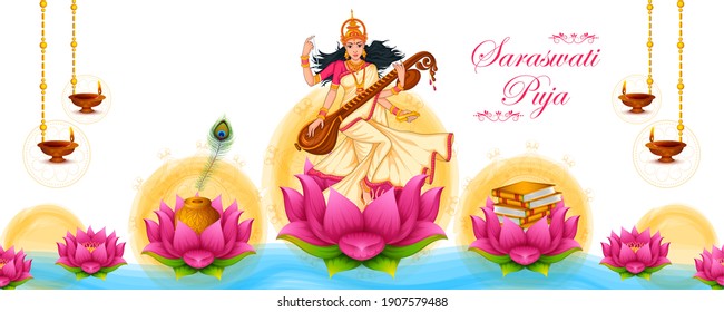 Indian God Saraswati Maa on Vasant Panchami religious festival background in vector