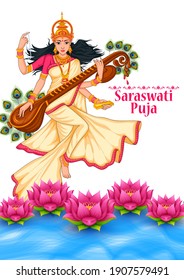 Indian God Saraswati Maa on Vasant Panchami religious festival background in vector