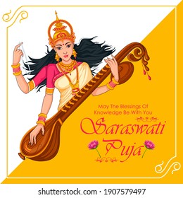 Indian God Saraswati Maa on Vasant Panchami religious festival background in vector