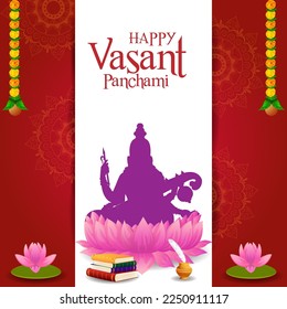 Indian God Saraswati Maa on Vasant Panchami religious festival background in vector