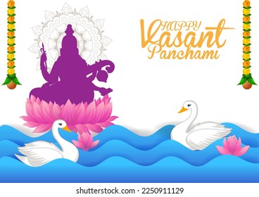 Indian God Saraswati Maa on Vasant Panchami religious festival background in vector