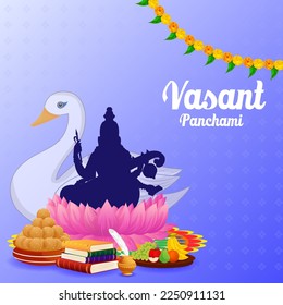 Indian God Saraswati Maa on Vasant Panchami religious festival background in vector