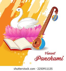 Indian God Saraswati Maa on Vasant Panchami religious festival background in vector