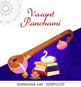 Indian God Saraswati Maa on Vasant Panchami religious festival background in vector