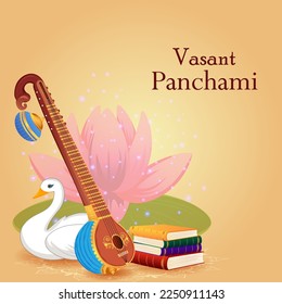 Indian God Saraswati Maa on Vasant Panchami religious festival background in vector