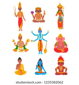 Indian god set, Varuna, Brahma, Parvati, Indra, Vishnu, Buddha, Shiva, Agni, Ganesha vector Illustration on a white background