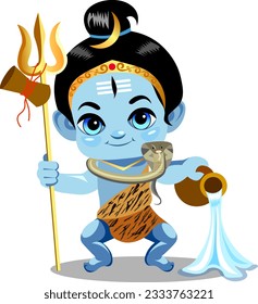 Indian god Shiva baby Cute baby Shiva with blue skin is dressed in the skin of a tiger, holding a trident rod in one hand and pouring water from a jug with the other hand Vekor