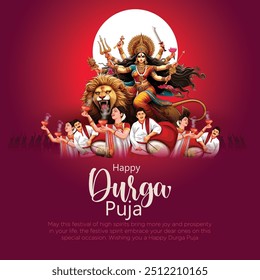 Indischer Gottesschrein Druga auf Happy Durga Puja Subh Navratri rotem Hintergrund. Vektorgrafik-Design