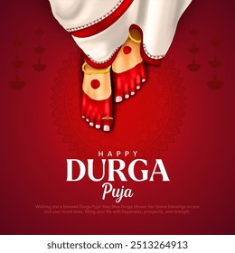 Indian God shri Druga in Happy Durga Puja Subh Navratri red background with lady feet’s. Creative vector illustration design