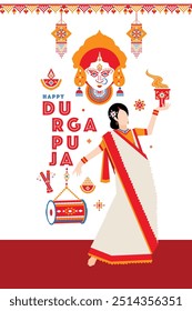 Deus indiano shri Durga em Happy Durga Puja Shubh fundo vermelho Navratri. conceito de design de ilustração vetorial