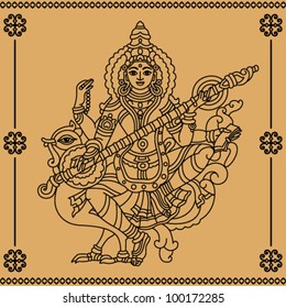 The Indian god sitting on a bird with a musical instrument on a beige background