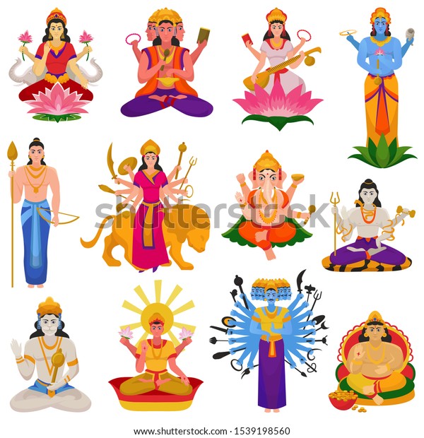 白い背景にアジアの神々しい宗教のセットをインドのイラストに描いた 女神のキャラクターとヒンドゥー教の神様の偶像ガネシャのインドの神ベクターヒンドゥー教のゴッドヘッド のベクター画像素材 ロイヤリティフリー