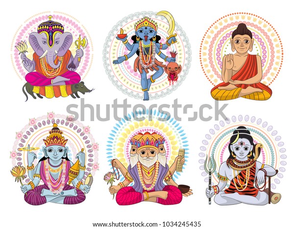 白い背景にアジアの神々しい宗教のセットをインドの神と神のような偶像ガネシャのイラストで描いたインドの神のベクター画像ヒンドゥー教の女神 のベクター画像素材 ロイヤリティフリー