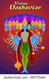 Indian God Vishnu Dashavatar with ten head of different Gods. Vector illustration